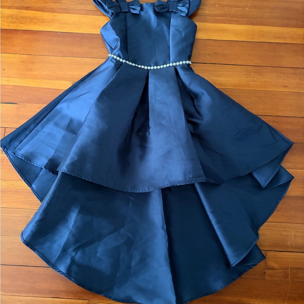 Navy Pearl-Belted Girls' Party Dress